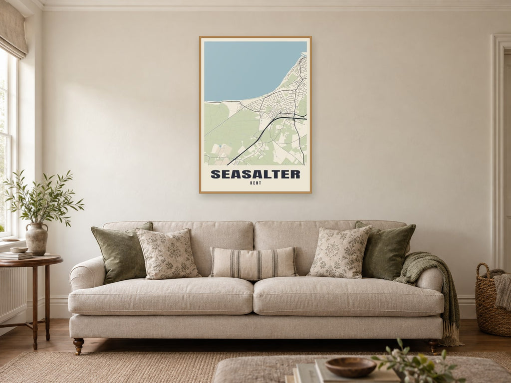 Seasalter Street Map Poster at A1, in a natural wood frame, in a sitting room