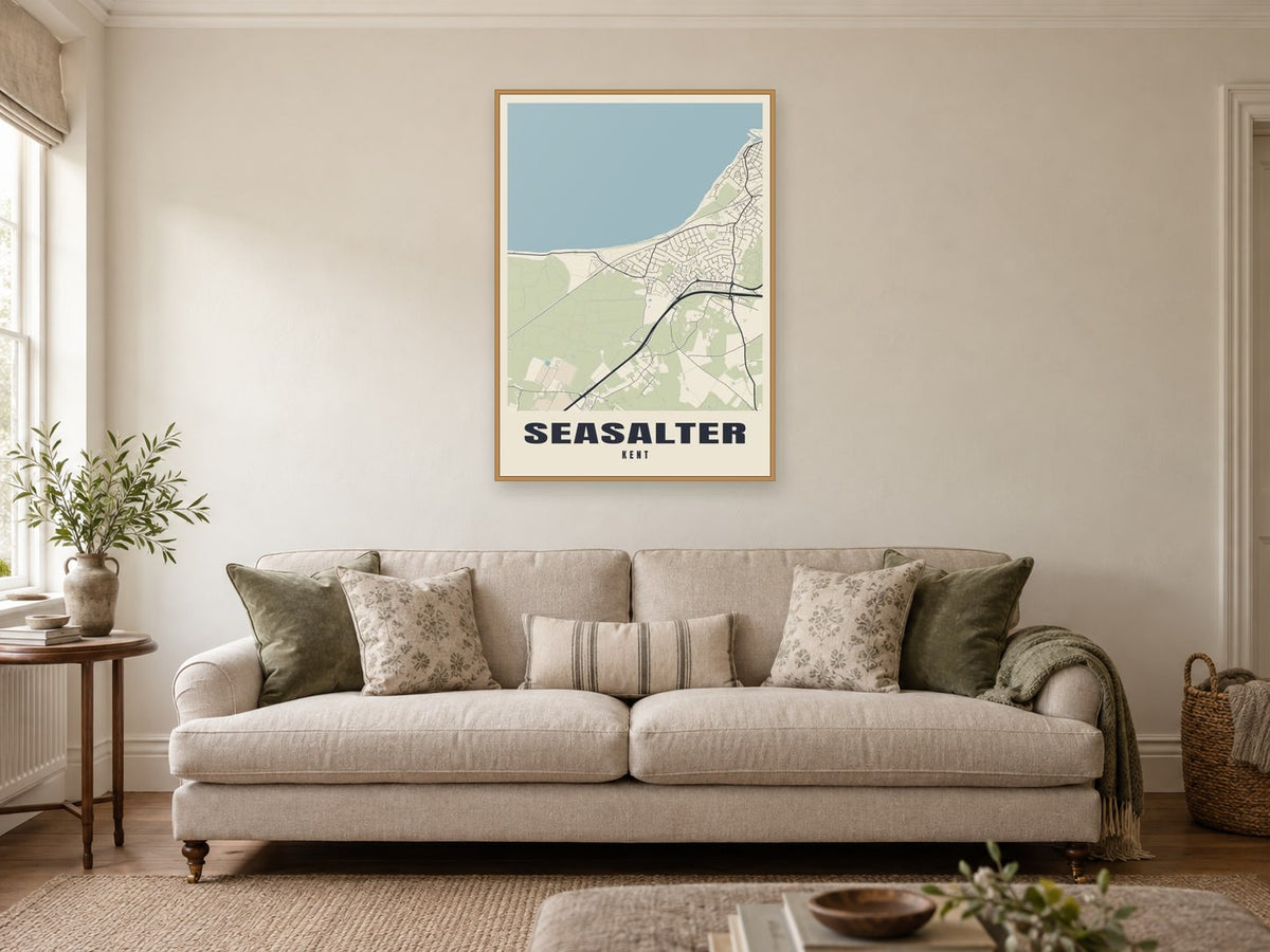 Seasalter Street Map Poster at A1, in a natural wood frame, in a sitting room