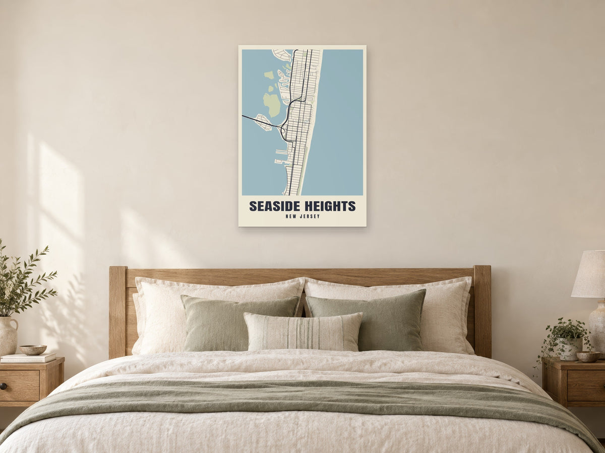 Seaside Heights Street Map Poster at A1, as a poster, above a bed