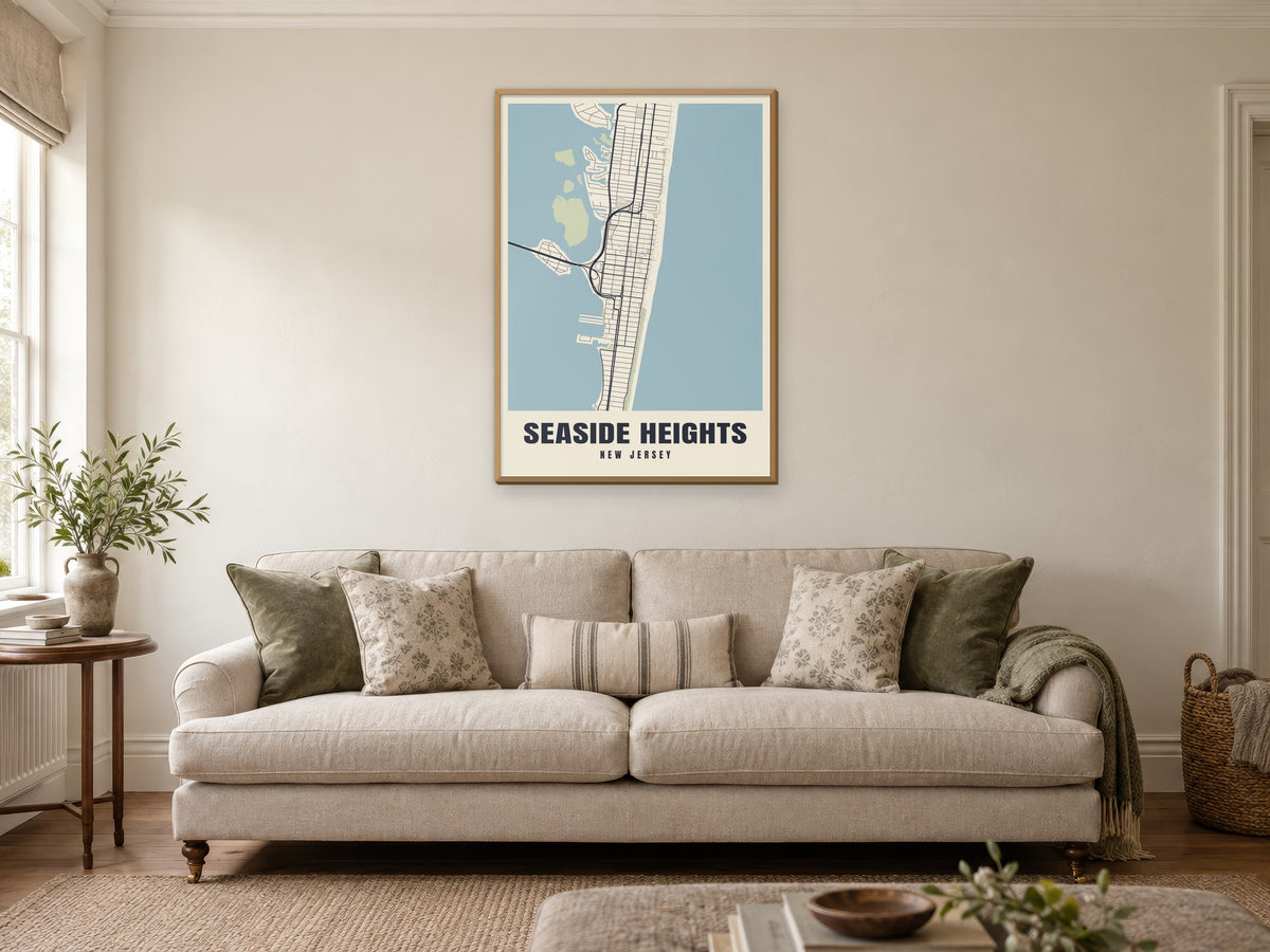 Seaside Heights Street Map Poster at A1, in a natural wood frame, in a sitting room