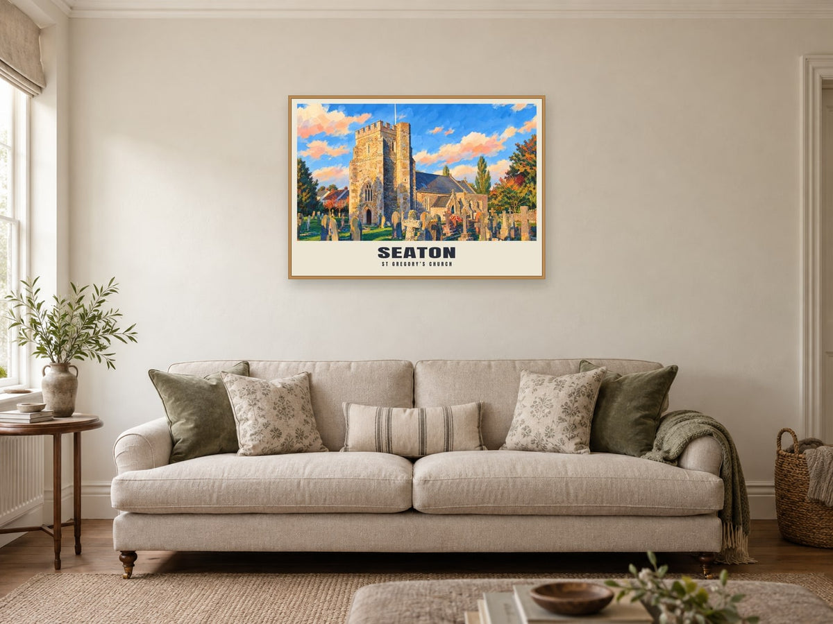 St Gregory’s Church, Seaton Poster at A1, in a natural wood frame, in a sitting room