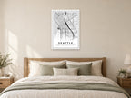 Seattle Downtown Street Map Poster at A1, as a poster, above a bed