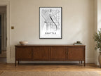 Seattle Downtown Street Map Poster at A1, in a black frame, above a sideboard