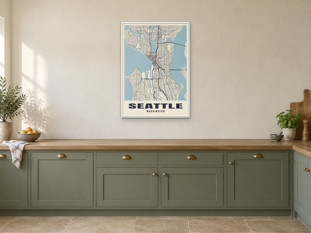 Seattle Street Map Poster at A1, in a white frame, in a kitchen