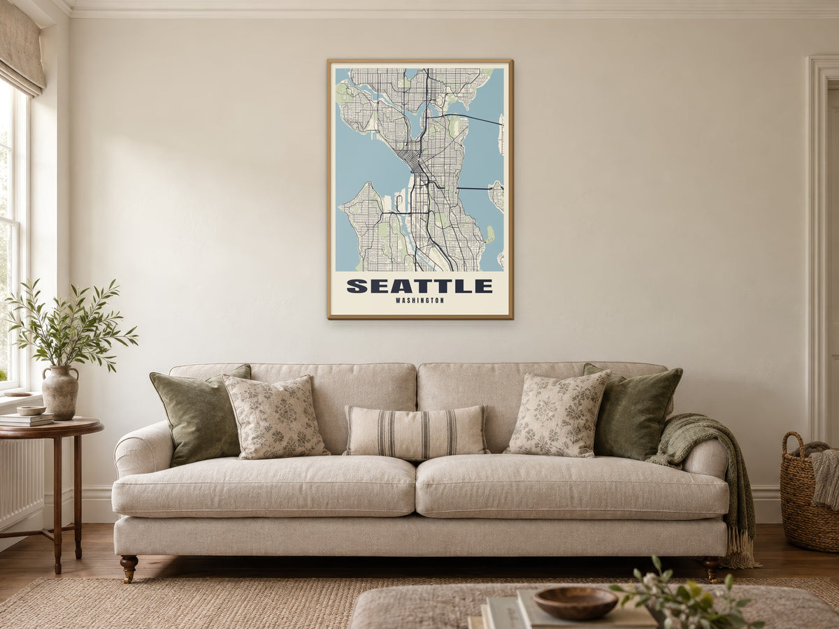 Seattle Street Map Poster at A1, in a natural wood frame, in a sitting room