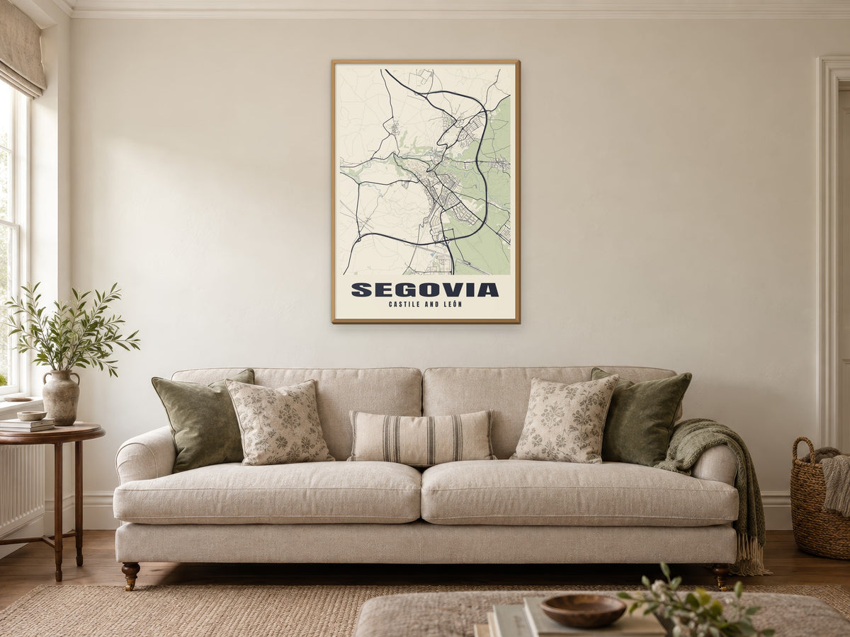Segovia Street Map Poster at A1, in a natural wood frame, in a sitting room
