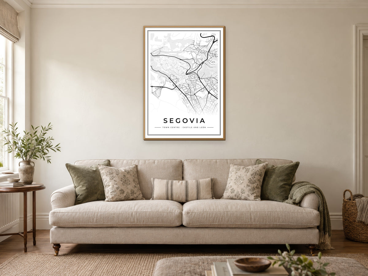 Segovia Town Centre Street Map Poster at A1, in a natural wood frame, in a sitting room