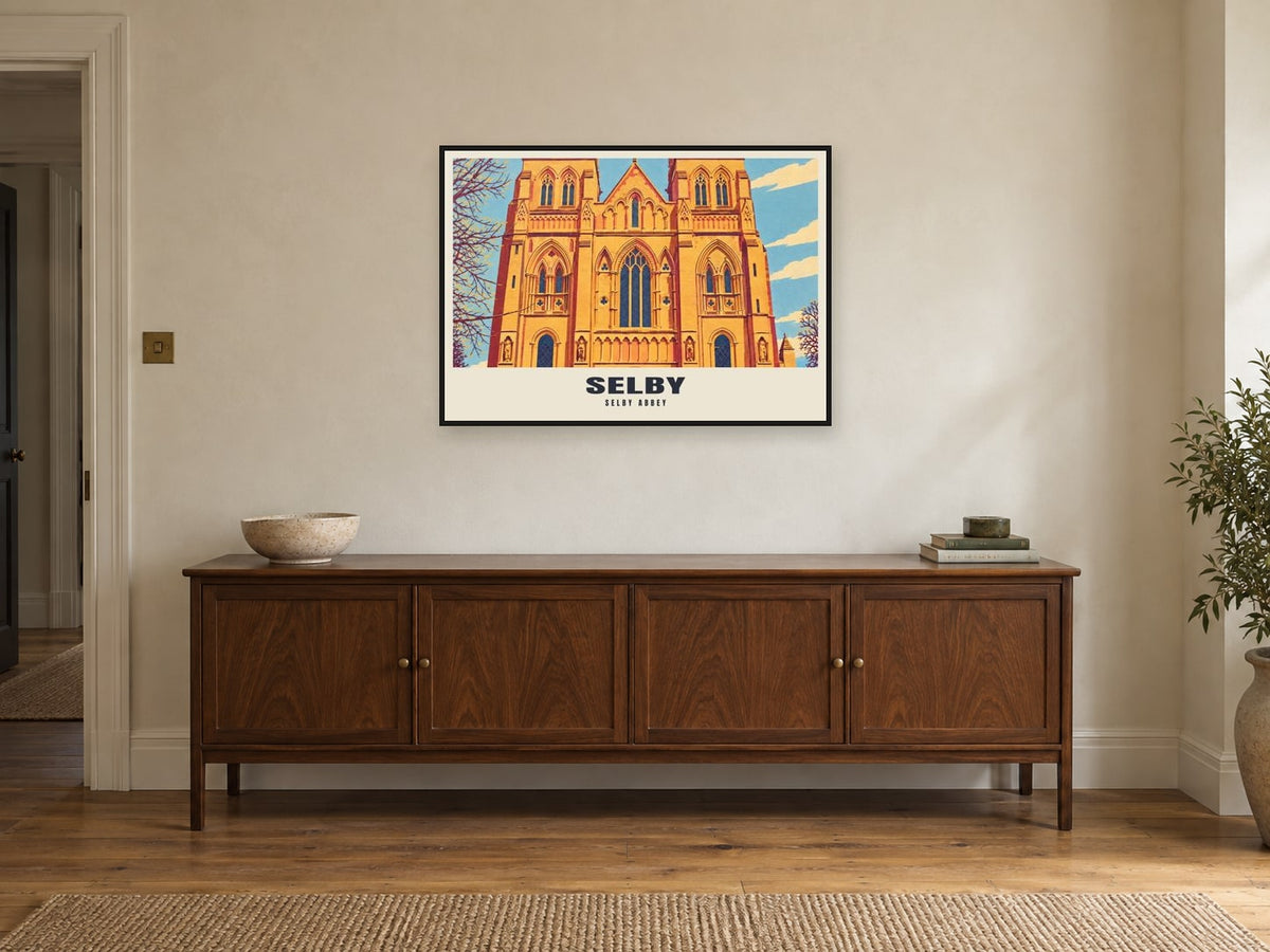 Selby Abbey Poster at A1, in a black frame, above a sideboard