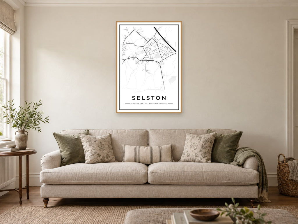 Selston Village Centre Street Map Poster at A1, in a natural wood frame, in a sitting room