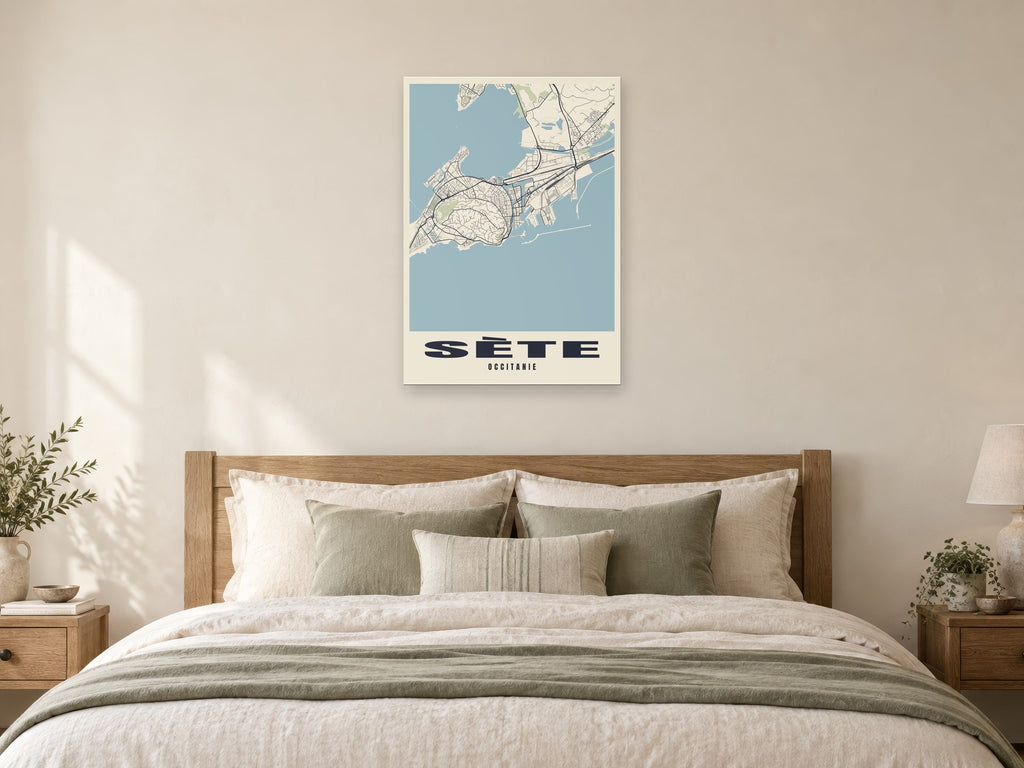 Sète Street Map Poster at A1, as a poster, above a bed