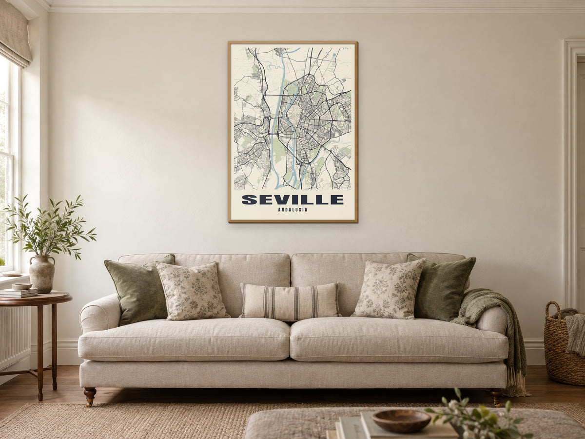 Seville Street Map Poster at A1, in a natural wood frame, in a sitting room