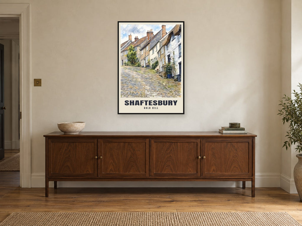 Gold Hill, Shaftesbury Poster at A1, in a black frame, above a sideboard