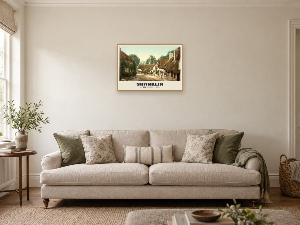 The Old Village, Shanklin, 1890s Heritage Print at A2, in a natural wood frame, in a sitting room