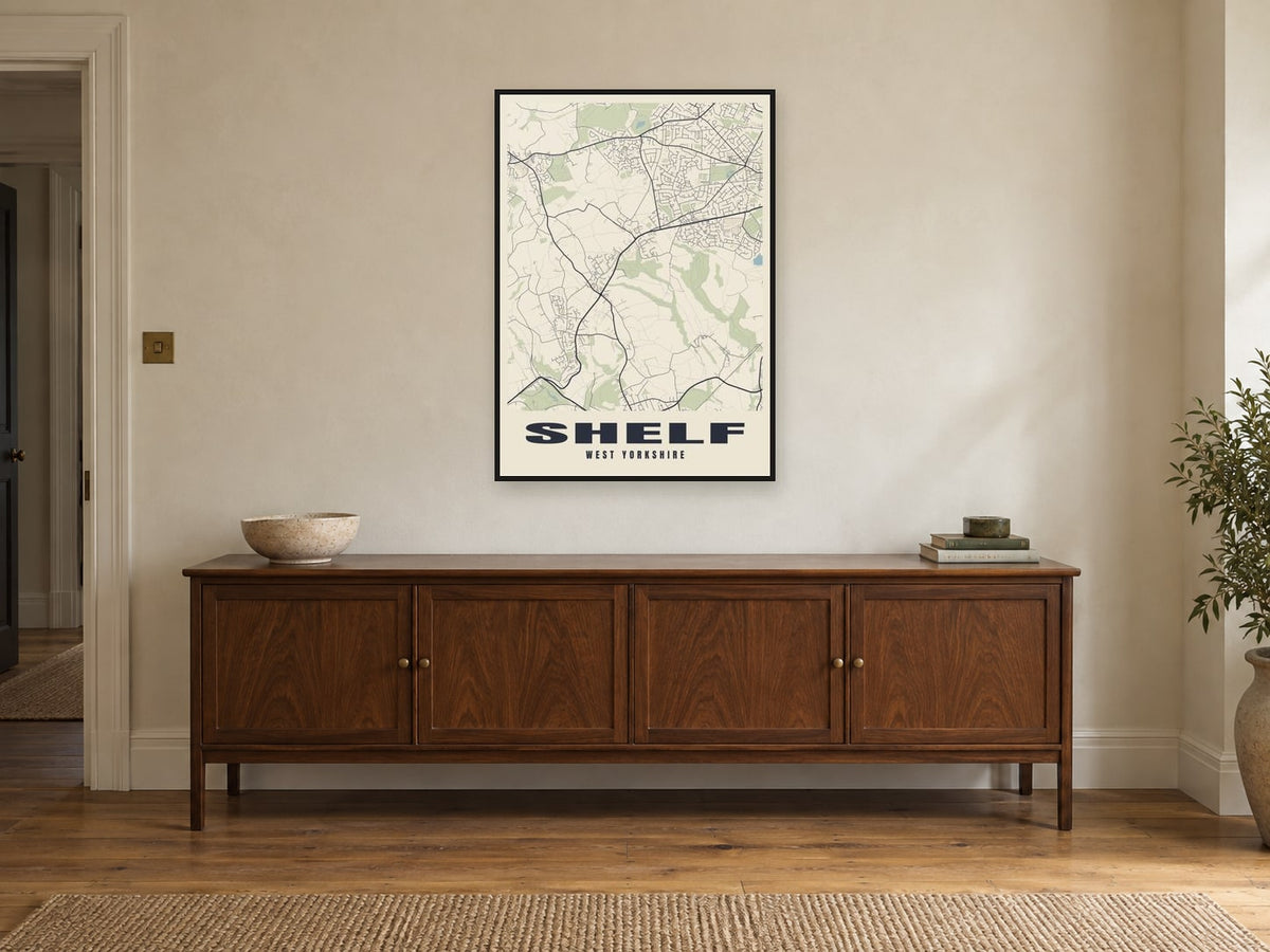 Shelf Street Map Poster at A1, in a black frame, above a sideboard