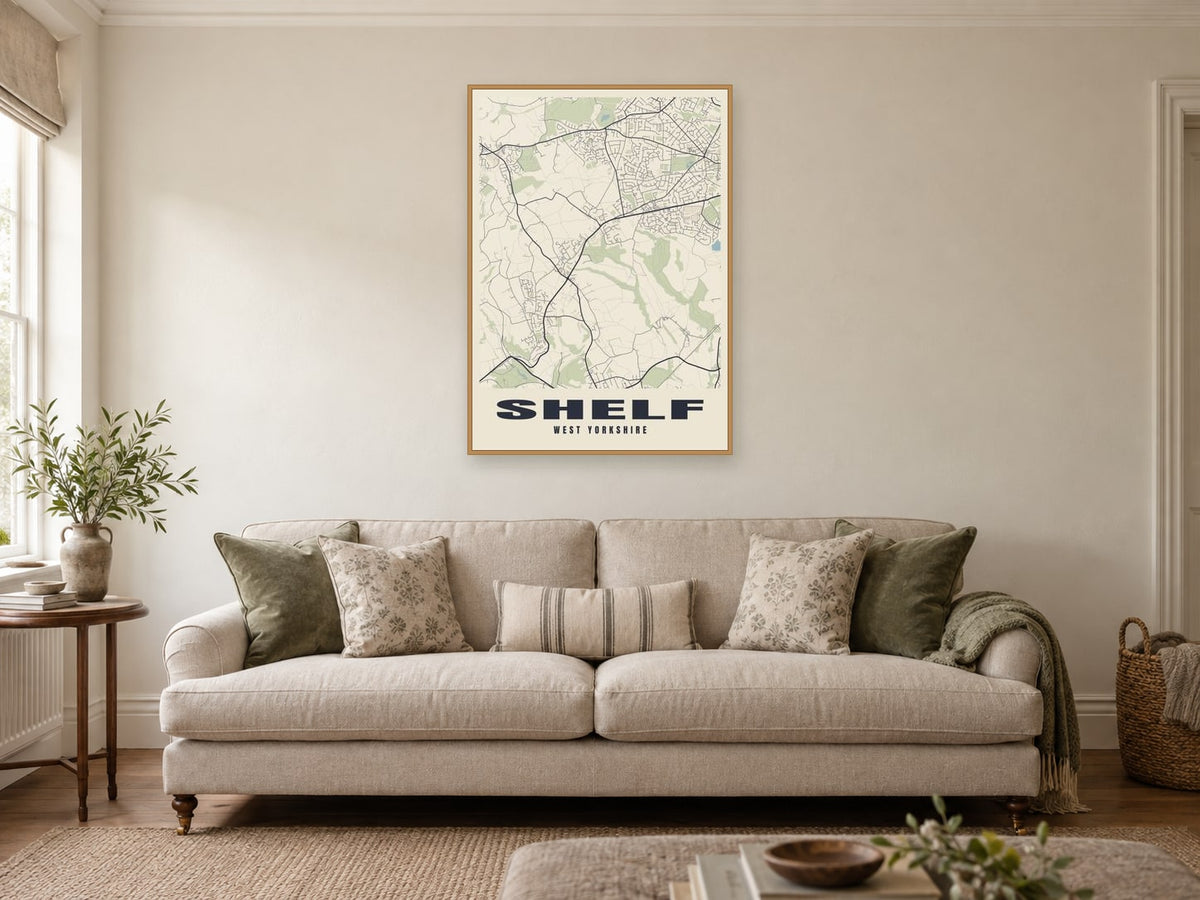 Shelf Street Map Poster at A1, in a natural wood frame, in a sitting room