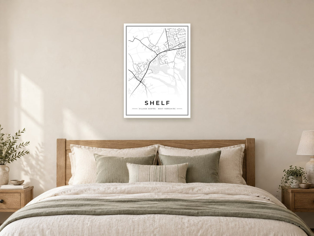 Shelf Village Centre Street Map Poster at A1, as a poster, above a bed