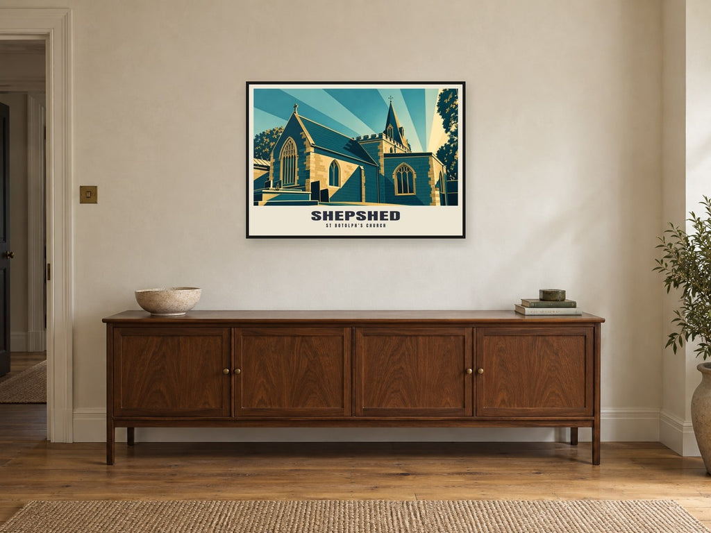 St Botolph’s Church, Shepshed Poster at A1, in a black frame, above a sideboard