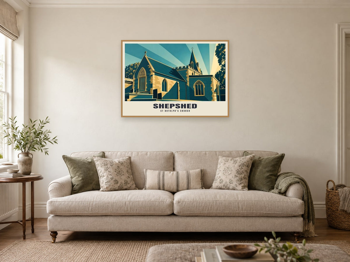 St Botolph’s Church, Shepshed Poster at A1, in a natural wood frame, in a sitting room