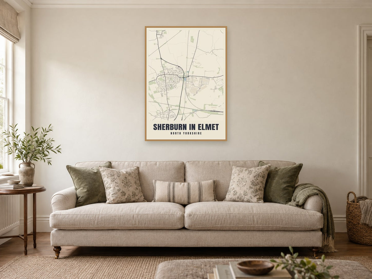 Sherburn in Elmet Street Map Poster at A1, in a natural wood frame, in a sitting room