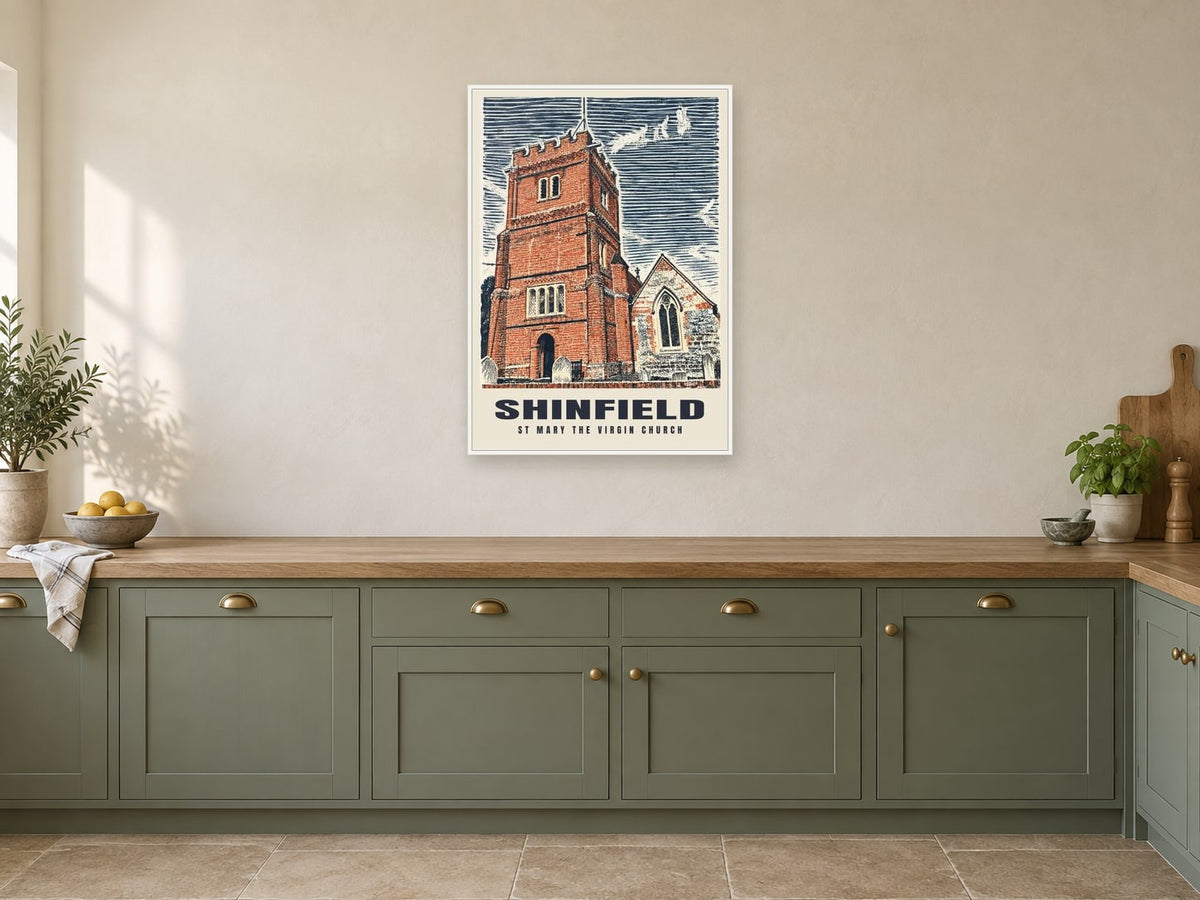St Mary the Virgin Church, Shinfield Poster at A1, in a white frame, in a kitchen