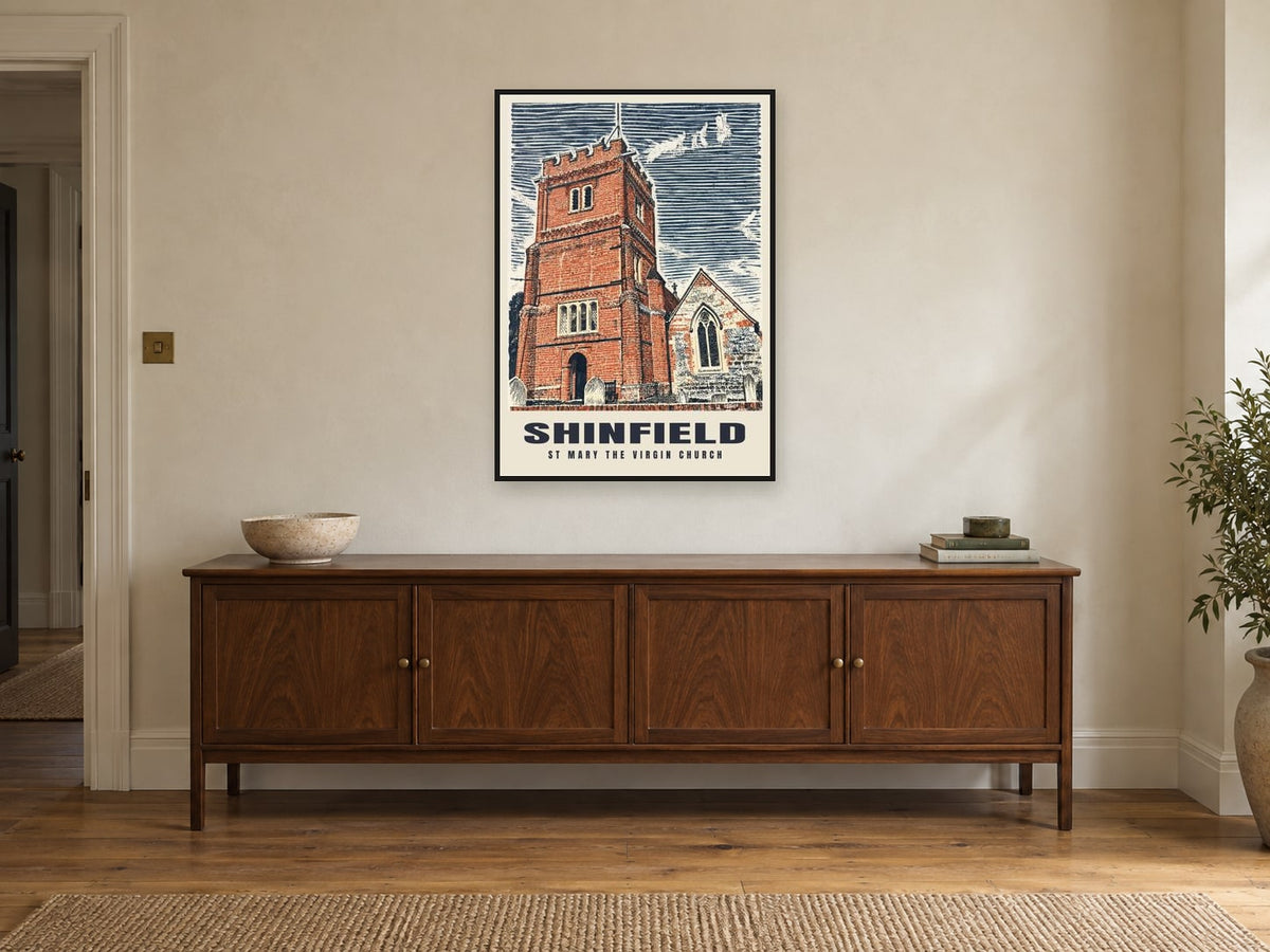 St Mary the Virgin Church, Shinfield Poster at A1, in a black frame, above a sideboard