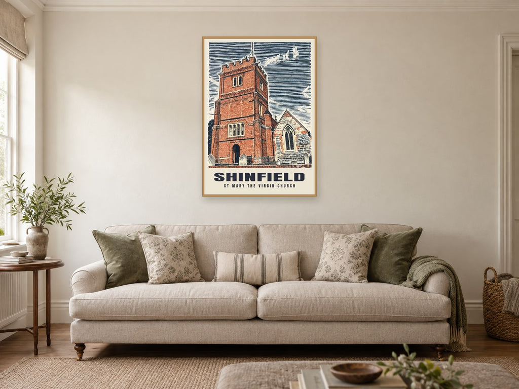 St Mary the Virgin Church, Shinfield Poster at A1, in a natural wood frame, in a sitting room