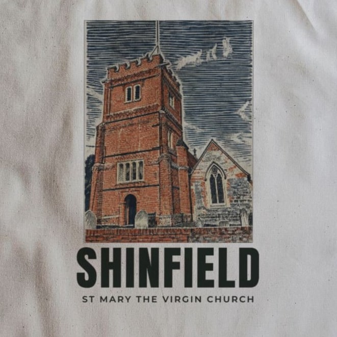 Close-up of the St Mary the Virgin Church, Shinfield drawing and lettering printed on natural cotton
