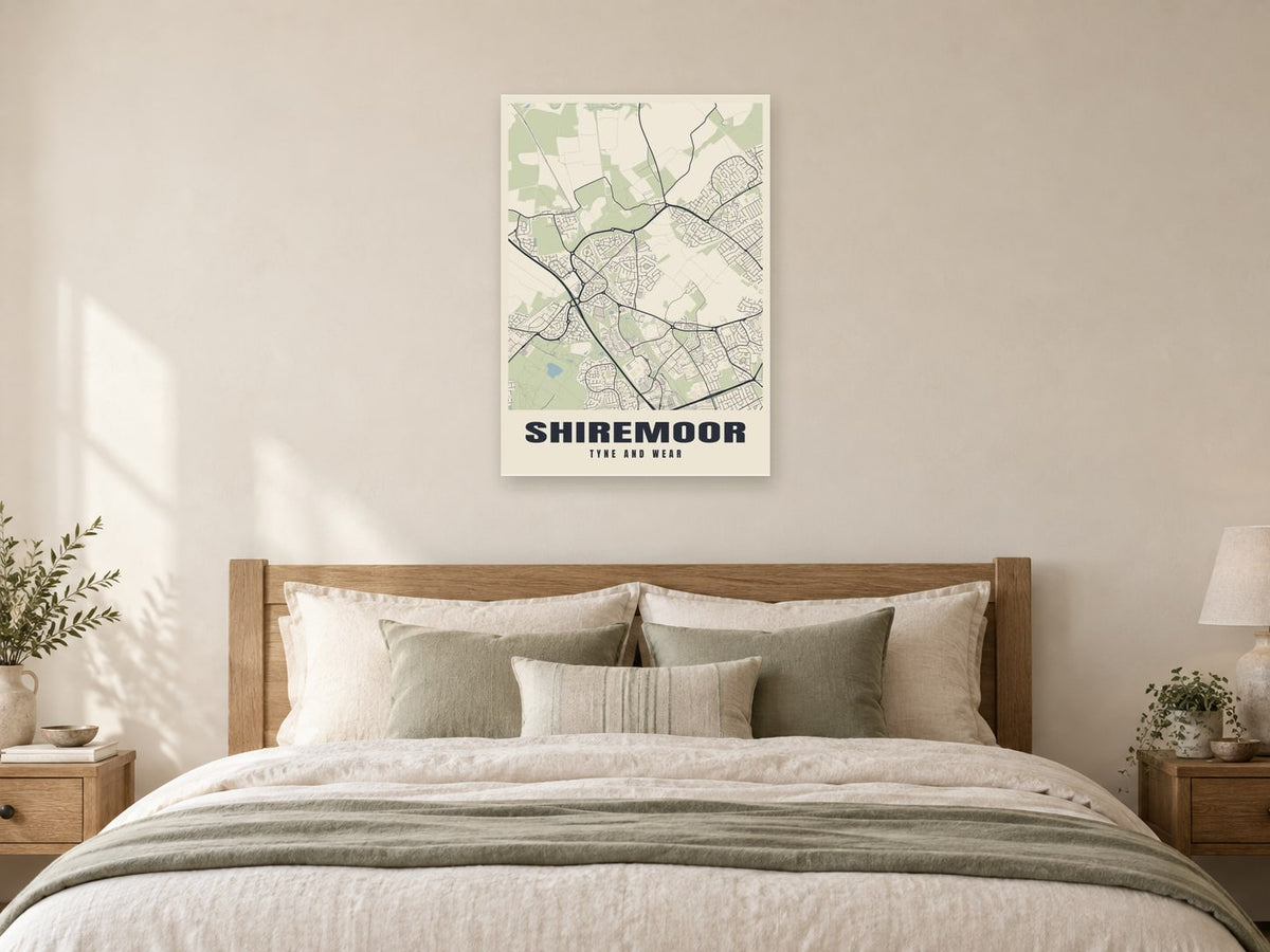 Shiremoor Street Map Poster at A1, as a poster, above a bed