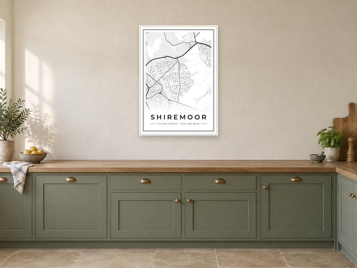 Shiremoor Village Centre Street Map Poster at A1, in a white frame, in a kitchen