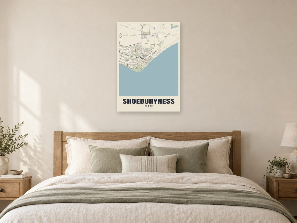 Shoeburyness Street Map Poster at A1, as a poster, above a bed