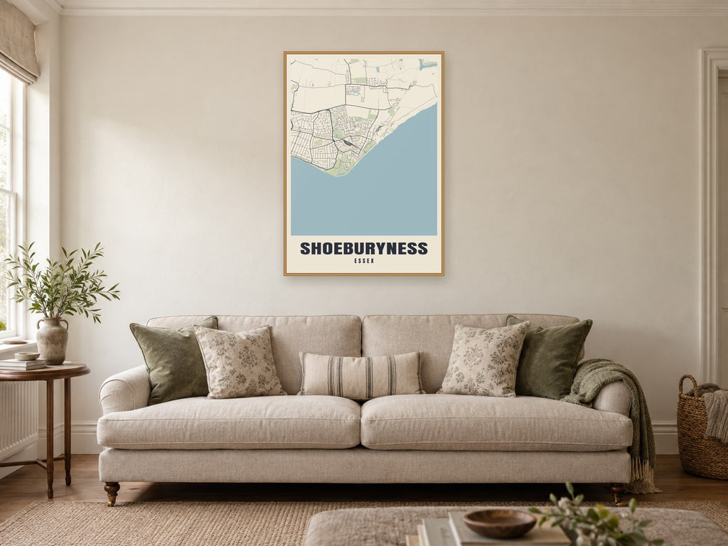 Shoeburyness Street Map Poster at A1, in a natural wood frame, in a sitting room