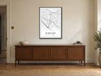 Sidcup Street Map Poster at A1, in a black frame, above a sideboard