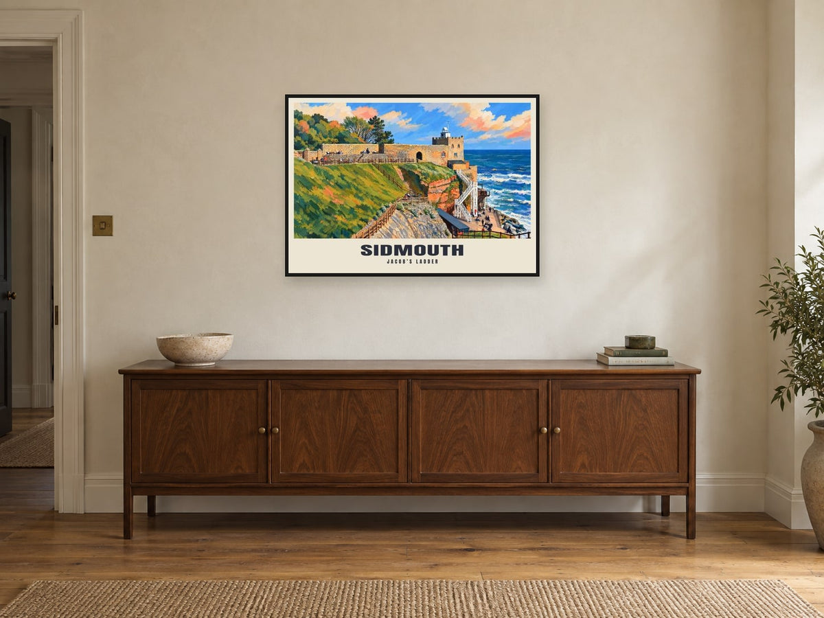 Jacob’s Ladder, Sidmouth Poster at A1, in a black frame, above a sideboard