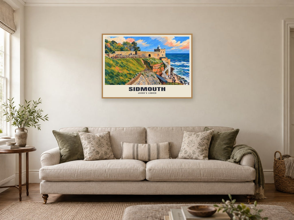 Jacob’s Ladder, Sidmouth Poster at A1, in a natural wood frame, in a sitting room