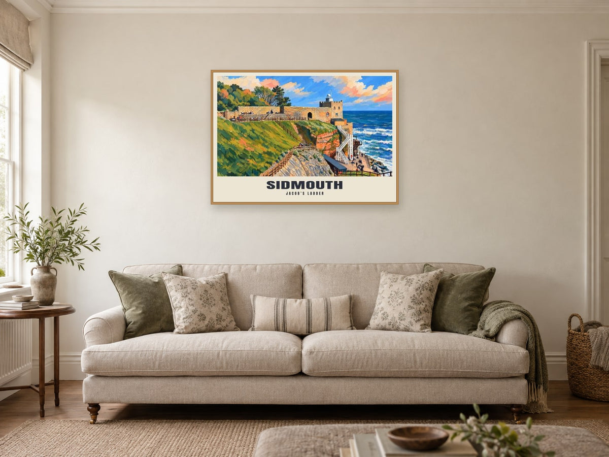 Jacob’s Ladder, Sidmouth Poster at A1, in a natural wood frame, in a sitting room