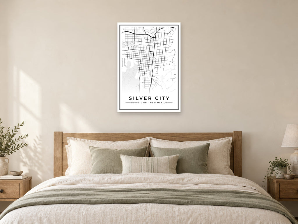 Silver City Downtown Street Map Poster at A1, as a poster, above a bed