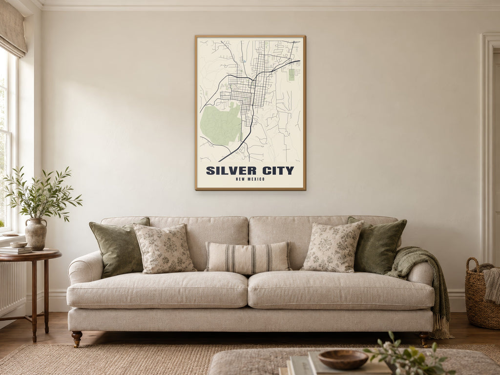 Silver City Street Map Poster at A1, in a natural wood frame, in a sitting room