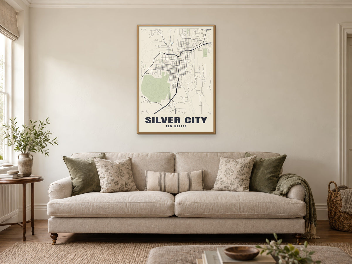 Silver City Street Map Poster at A1, in a natural wood frame, in a sitting room