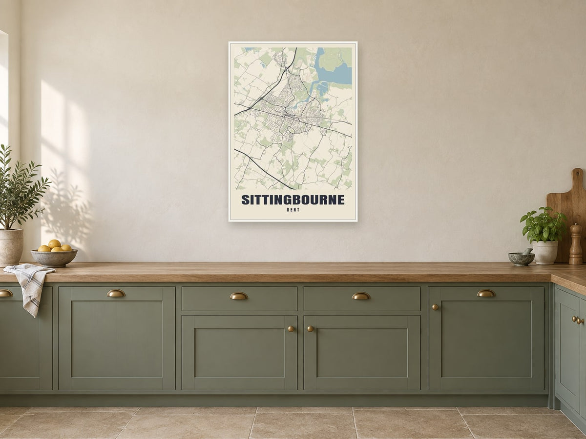 Sittingbourne Street Map Poster at A1, in a white frame, in a kitchen