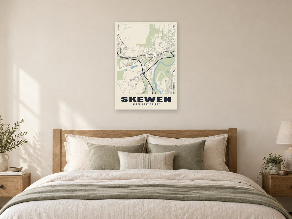 Skewen Street Map Poster at A1, as a poster, above a bed