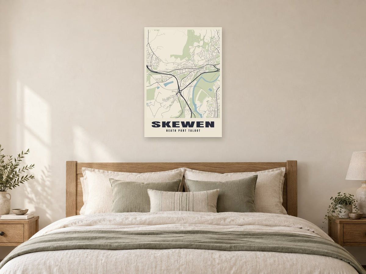 Skewen Street Map Poster at A1, as a poster, above a bed
