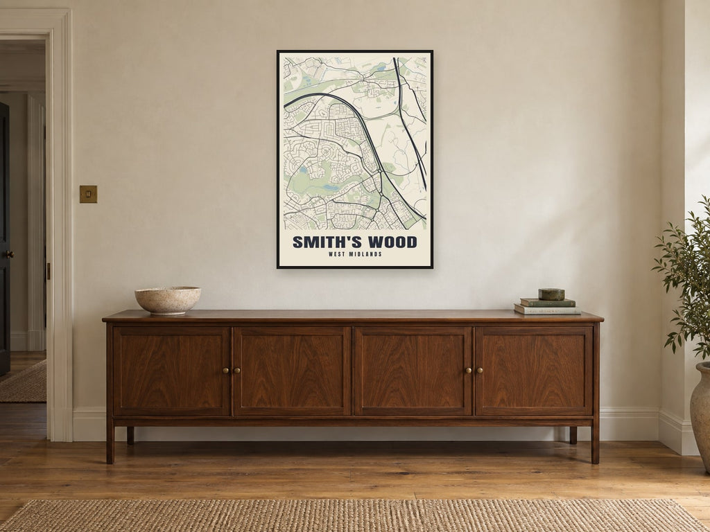 Smith's Wood Street Map Poster at A1, in a black frame, above a sideboard