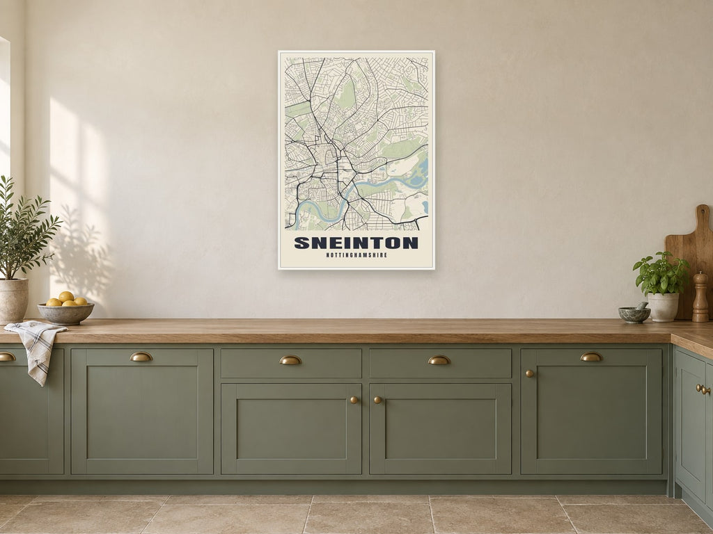 Sneinton Street Map Poster at A1, in a white frame, in a kitchen