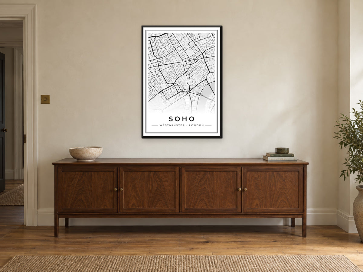 Soho Street Map Poster at A1, in a black frame, above a sideboard
