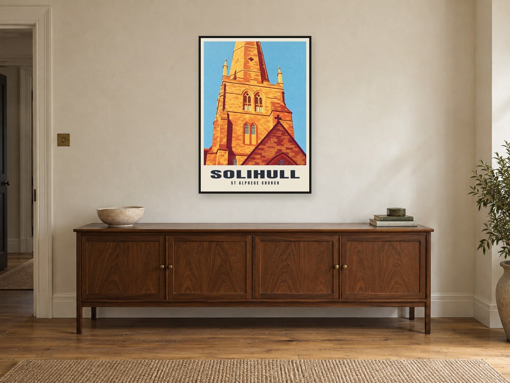 St Alphege Church, Solihull Poster at A1, in a black frame, above a sideboard
