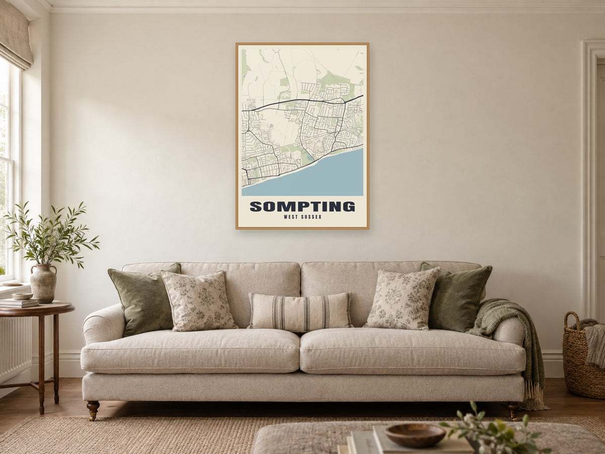 Sompting Street Map Poster at A1, in a natural wood frame, in a sitting room