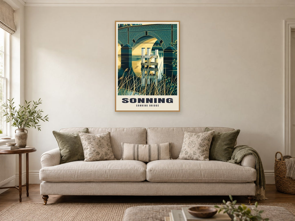 Sonning Bridge Poster at A1, in a natural wood frame, in a sitting room