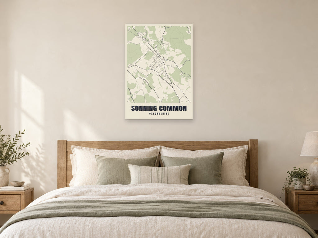 Sonning Common Street Map Poster at A1, as a poster, above a bed