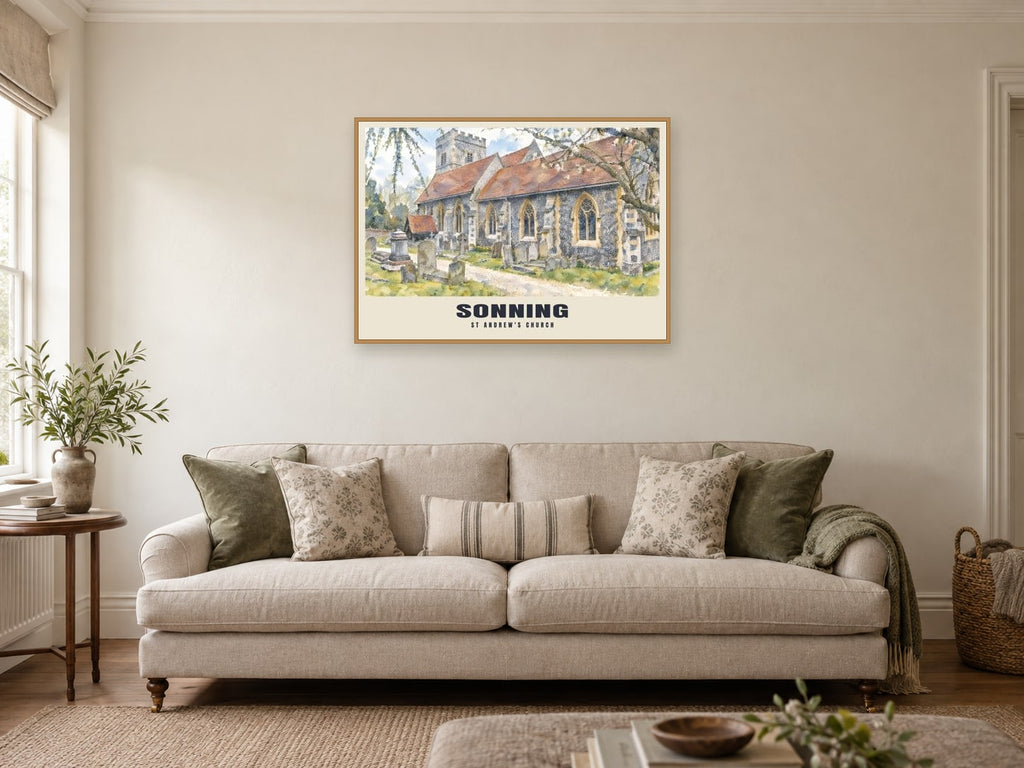St Andrew's Church, Sonning Poster at A1, in a natural wood frame, in a sitting room