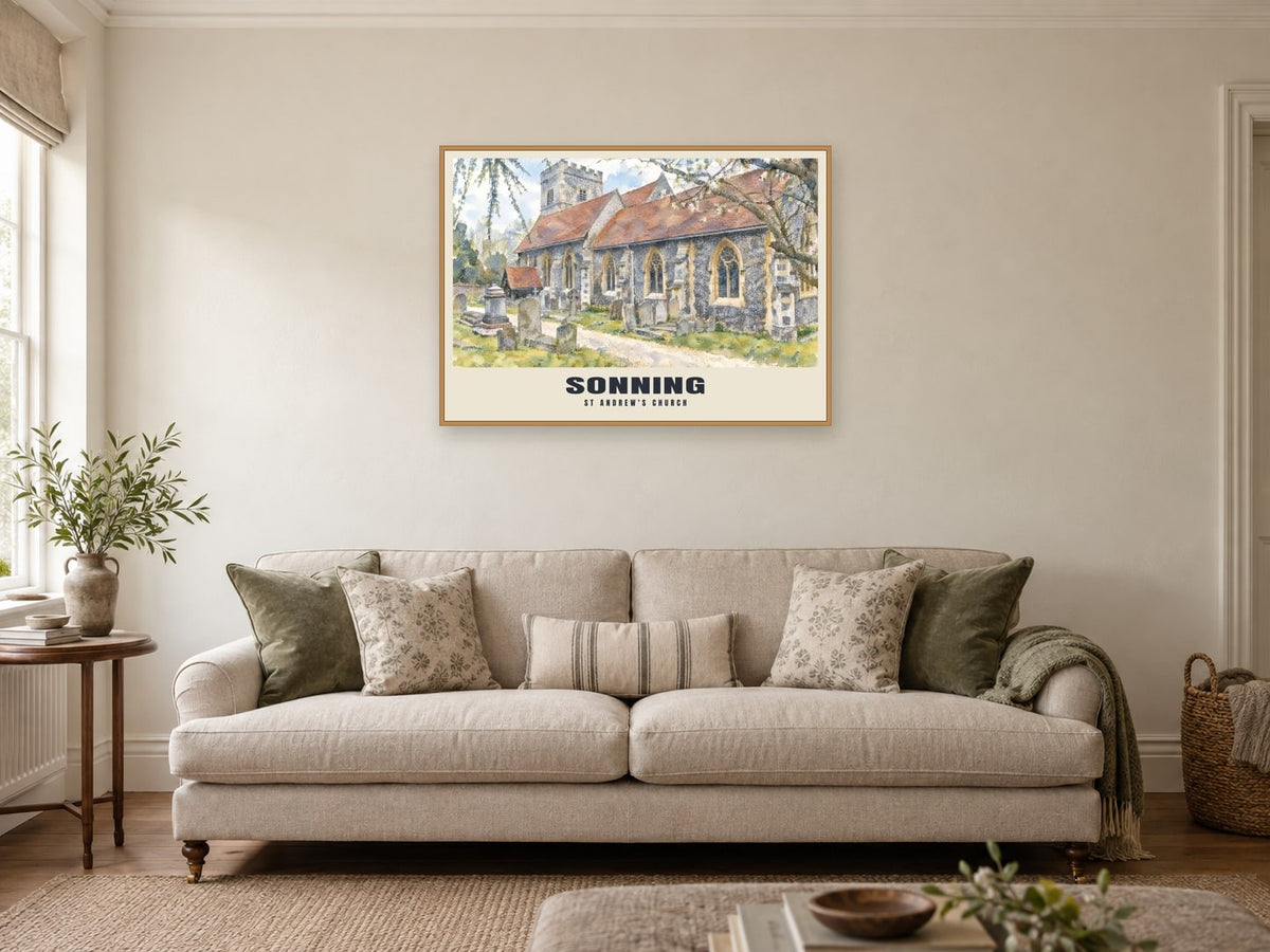 St Andrew's Church, Sonning Poster at A1, in a natural wood frame, in a sitting room
